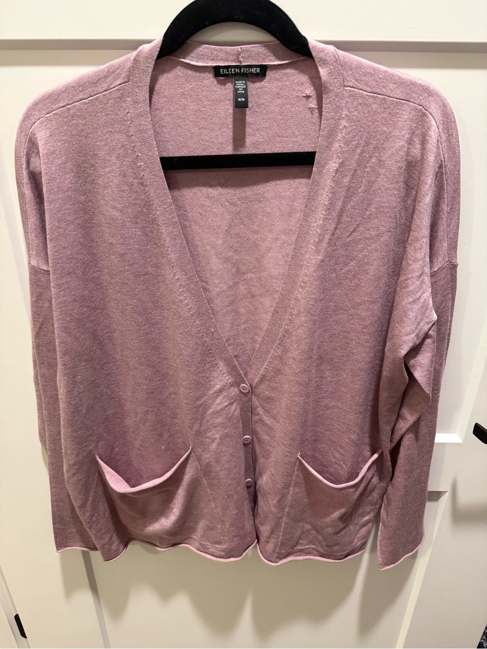 Eileen Fisher Lyocell V Neck Cardigan M Mauve Pink Button Front Pockets